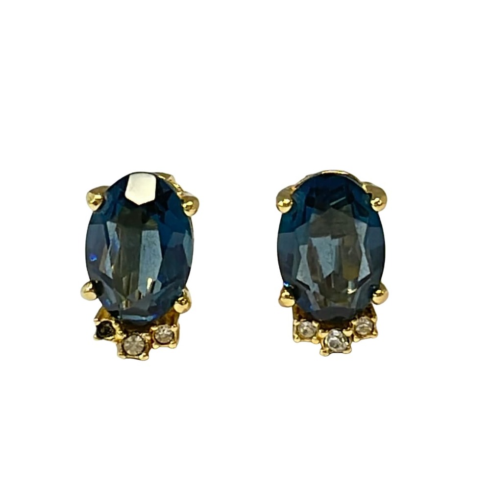 Christian Dior Clip On Earrings Gold Navy Clear Hardware Color Stone Rhinestones